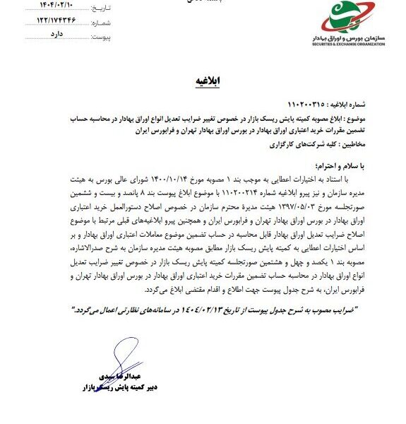 ضرایب خرید اعتباری سهام و سایر اوراق بهادار ابلاغ شد + متن کامل ابلاغیه