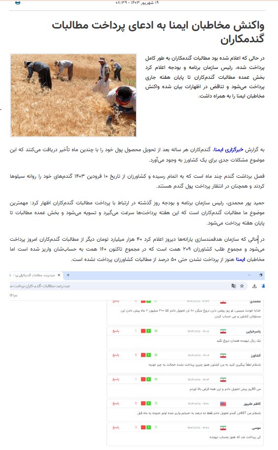 خرید تضمینی گندم، کلید خودکفایی غذایی / پرداخت مطالبات گندمکاران در چه مرحله‌ای است