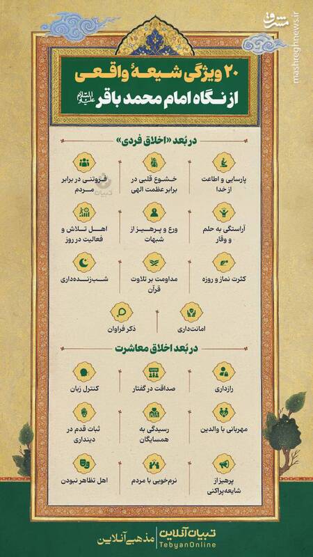 اینفوگرافیک/ ۲۰ ویژگی شیعه واقعی از نگاه امام محمد باقر(ع)