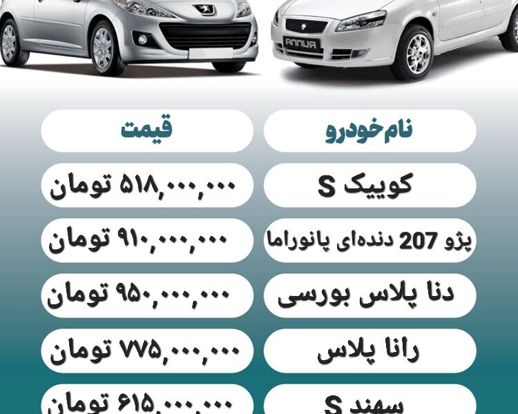 قیمت روز محصولات ایران خودرو و سایپا ۲۳ تیر+ جدول