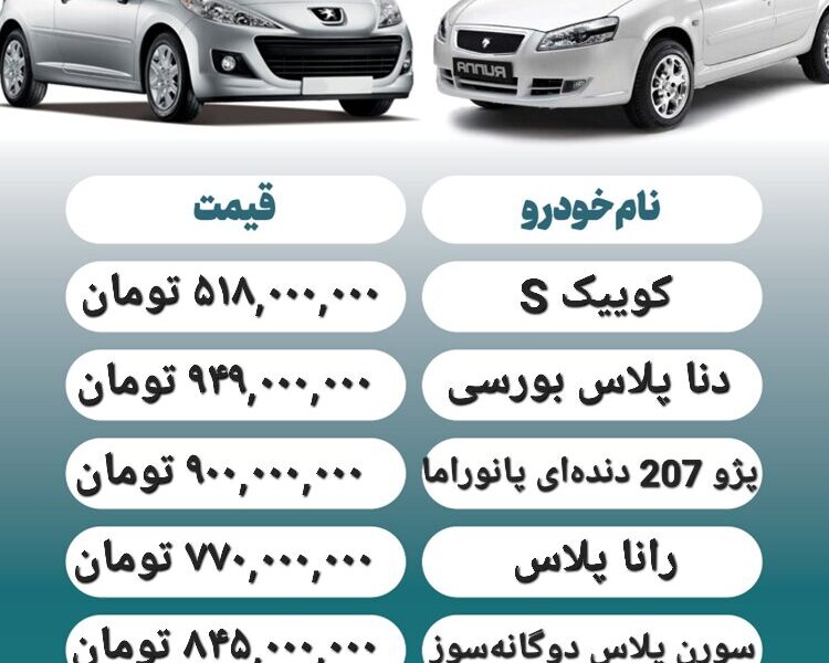 قیمت روز محصولات ایران خودرو و سایپا ۲۹ تیر+ جدول