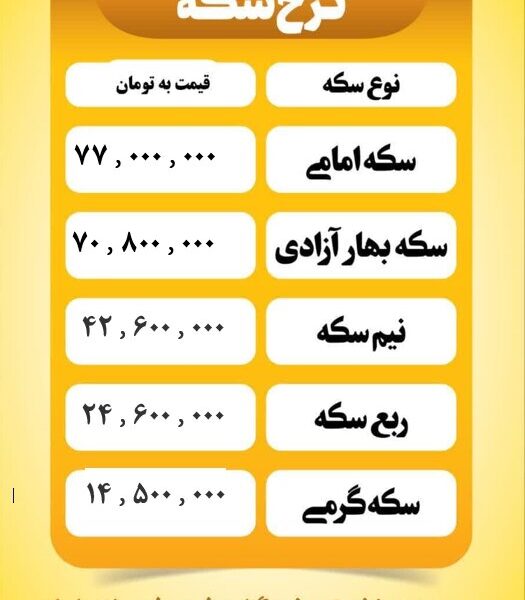 قیمت سکه امروز یکشنبه ۲۹ تیر ۱۴۰۴