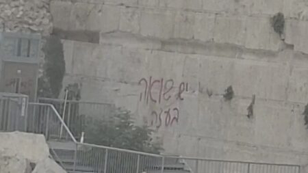 نوشته‌شدن «هولوکاست در غزه در جریان است» روی دیوار ندبه