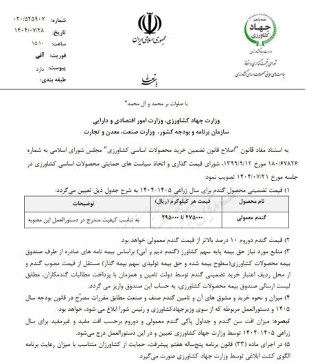 قیمت خرید تضمینی گندم برای سال زراعی ۱۴۰۴-۱۴۰۵ تعیین شد