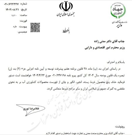 خروج ۵ محصول کشاورزی از فهرست صادرات آب بر