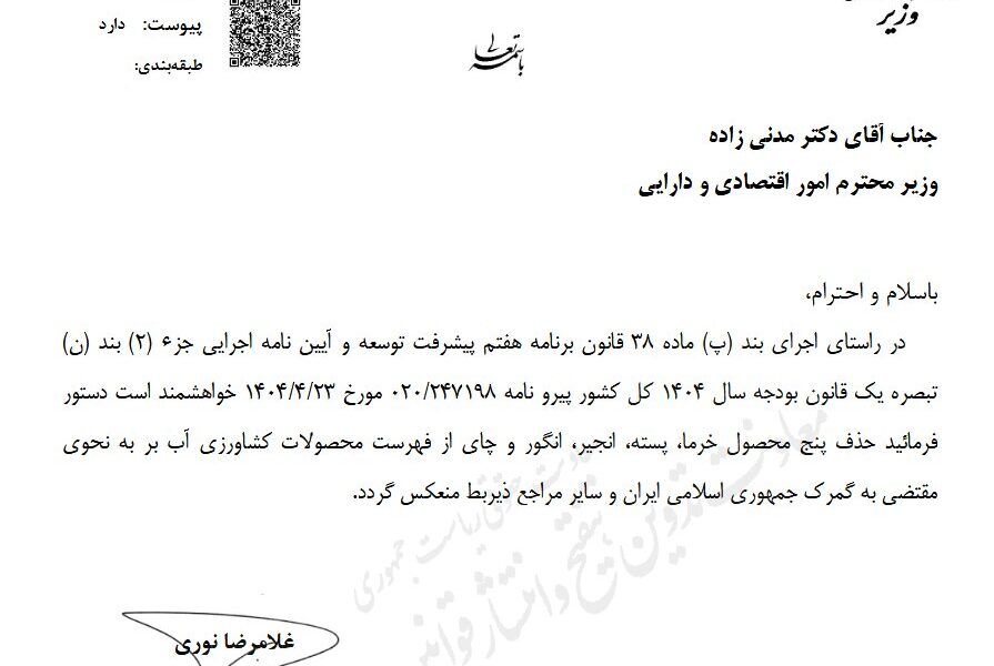 خروج ۵ محصول کشاورزی از فهرست صادرات آب بر