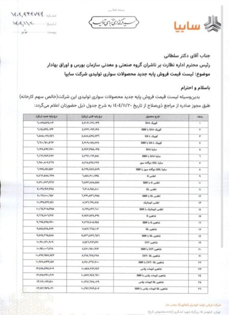 سایپا قیمت جدید محصولاتش را اعلام کرد