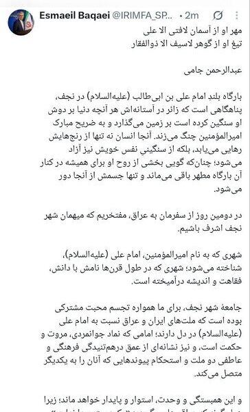 نجف نماد پیوندهای عمیق فرهنگی و عاطفی ایران و عراق است