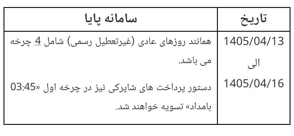 ساعات کاری سامانه پایا در ایام تشییع و خاکسپاری رهبر شهید انقلاب اعلام شد ساعات کاری سامانه پایا در ایام تشییع و خاکسپاری رهبر شهید انقلاب اعلام شد
